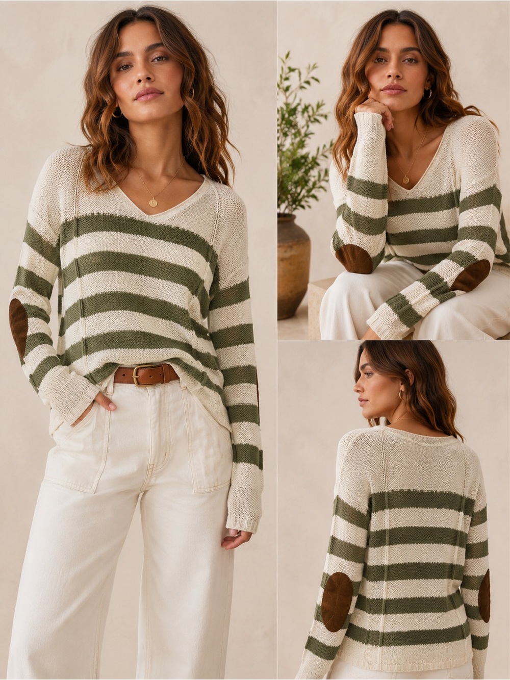 RDI Striped V-Neck Sweater in Cream and Olive - Women